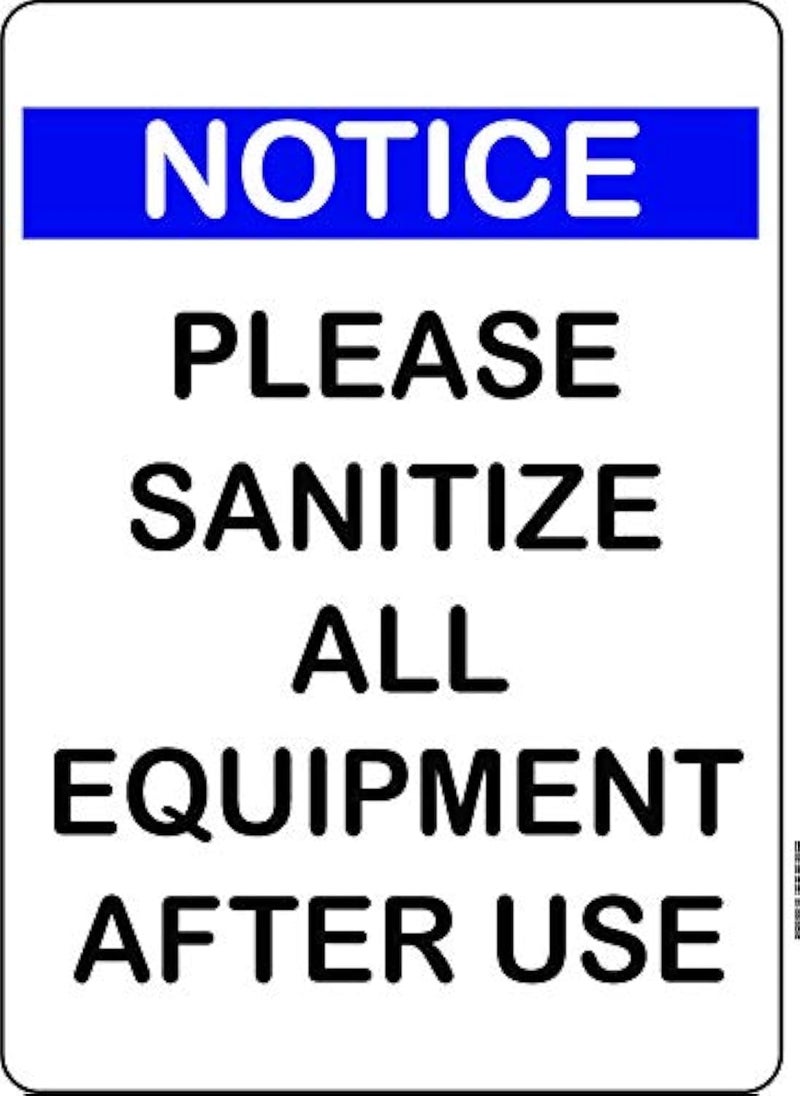 NapTags Sanitize Signs for Gym, Workplace, Studio, Sublimated White Aluminum, Rounded Corners, Includes Adhesive Tabs for Easy Installation (Please Sanitize All Equipment After Use, 5" x 7")